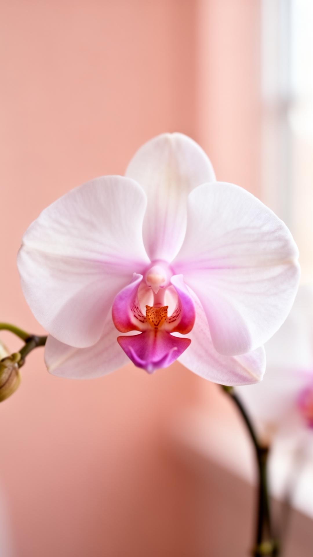 A single phalaenopsis orchid bloom in soft window light
